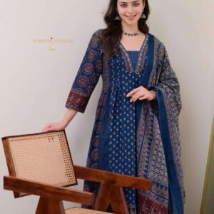 Women's Cotton Printed A Line Premium Kurti with Pant and Dupatta set